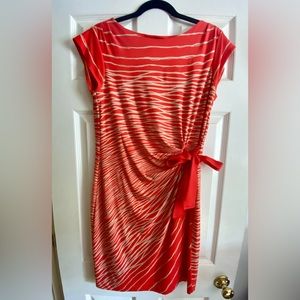 Coldwater Creek Midi Dress Womens 12 Orange Cream Cap Sleeve with a Tie Waist